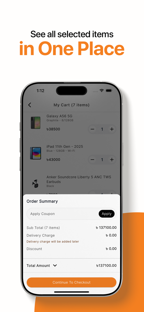Apple Gadgets - Tech Shopping - Interface of the Apple Gadgets app showing a shopping cart with tech products and an order summary overlay