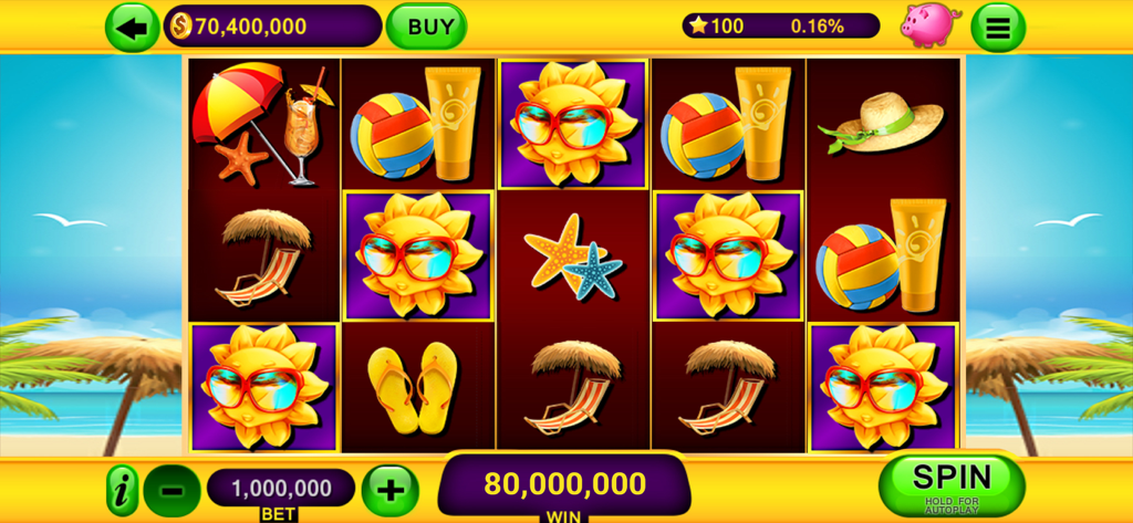 Slots Games: Vegas Slots - サンビーチをテーマにしたスロットマシンのゲームプレイ。カラフルな夏のシンボルとビッグウィンが表示されています。