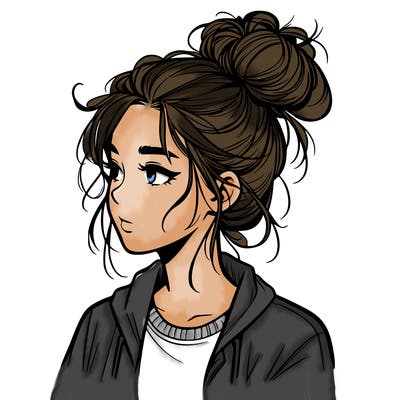 realistic teenage girl with a messy bun