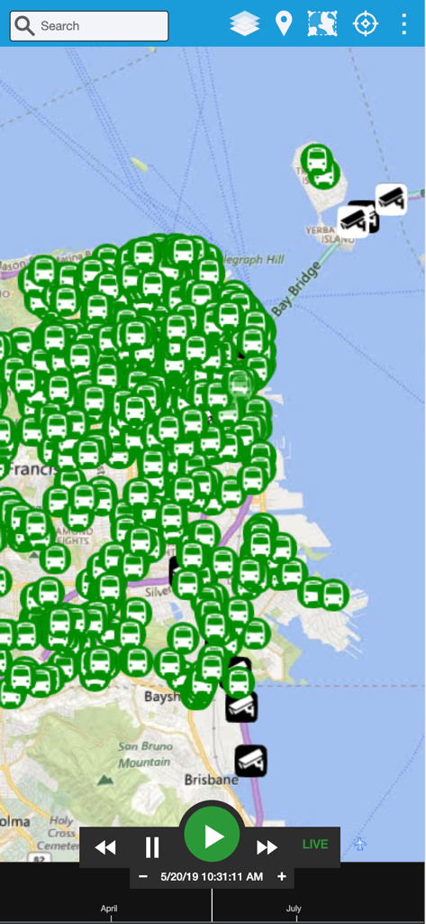 Real time data visualization map showing vehicle tracking and security camera locations in San Francisco with playback controls