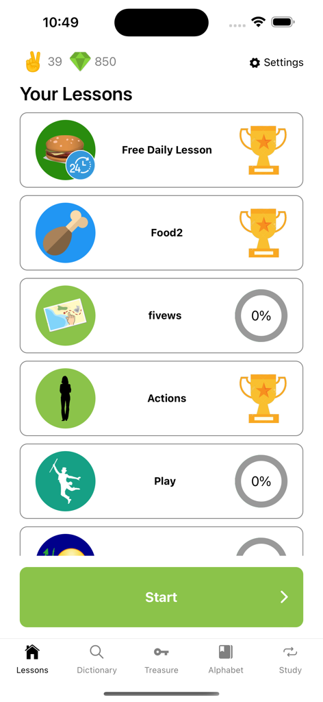 Pocket Sign app dashboard displaying various ASL lesson categories with progress bars and achievement trophies