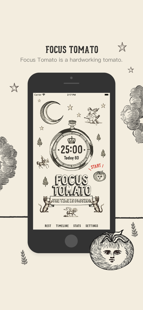 Focus Tomato - Let's focus now - Interfaz de la aplicación Focus Tomato que muestra un temporizador de 25 minutos con ilustraciones dibujadas a mano estilo vintage