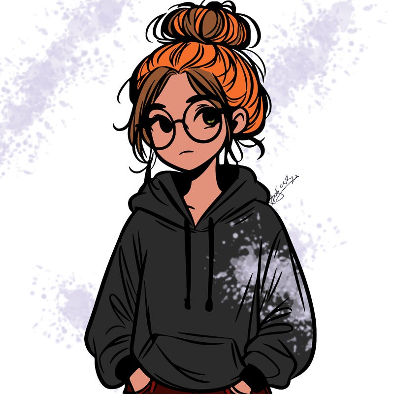 teen girl with a messy bun and glasses wearing a loose hoodie and jeans