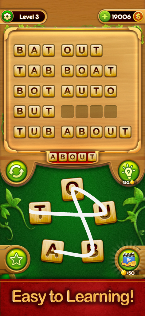 Captura de pantalla del juego de Word Connect que muestra a un usuario deslizando letras para formar palabras en un nivel de crucigrama.