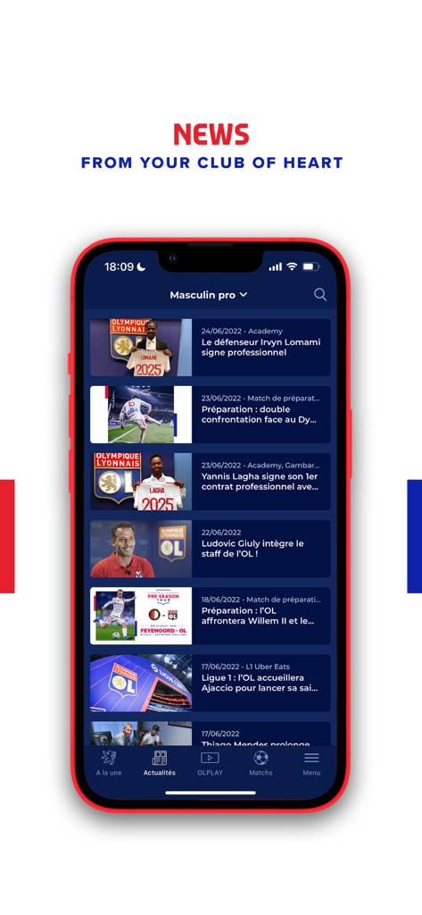 OLPLAY - Olympique Lyonnais - Ein Screenshot des OLPLAY App-Newsfeeds mit Updates und Artikeln des Vereins Olympique Lyonnais.