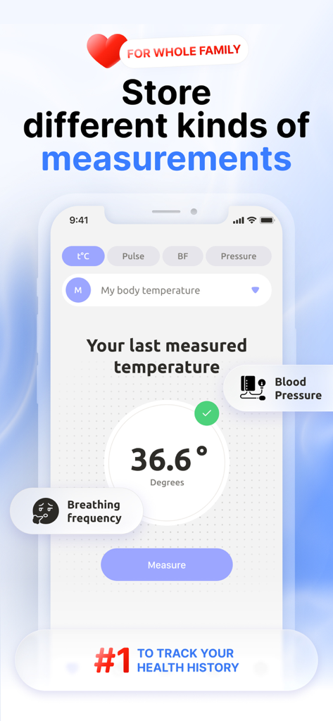Thermometer - Body Temperature - Interfaz de la aplicación que muestra la medición de la temperatura corporal y opciones de seguimiento de la salud familiar