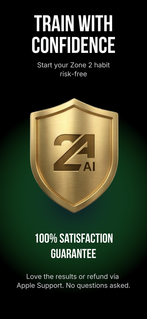 Zone 2 AI: Vo2 Max & Endurance - Uno scudo dorato con il logo Zone 2 AI che evidenzia una garanzia di soddisfazione al 100% per gli utenti.