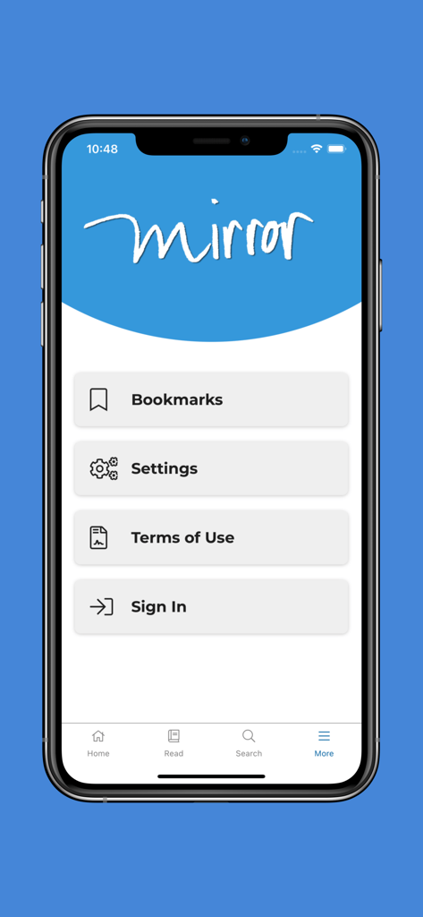 Mirror Study Bible - Settings screen of the Mirror Study Bible app showing bookmarks and sign in options