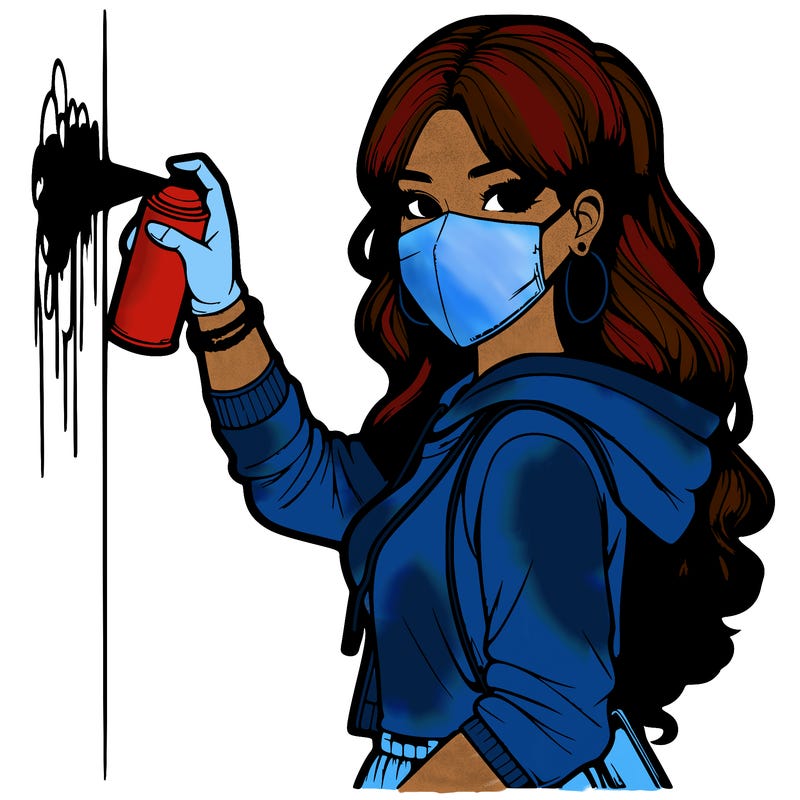 realistic girl with mask spray painting a wall