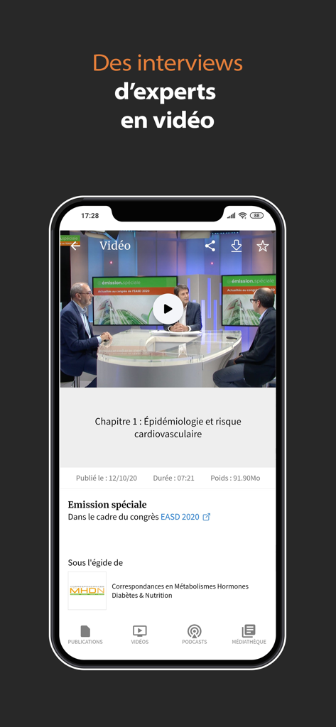 Edimark - Screenshot of the Edimark app displaying a medical video interview with experts from a congress
