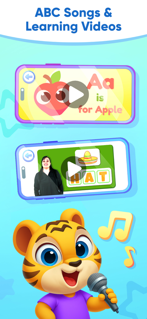 ABC Learning Games for Kids 3+ - Una colorida pantalla educativa de Binky ABC que muestra videos y canciones de aprendizaje para niños en edad preescolar.