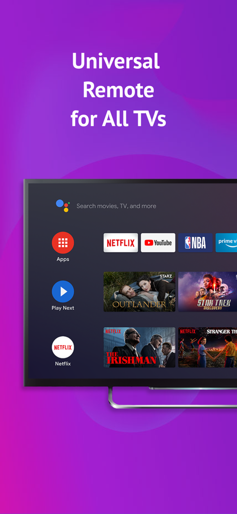 TV Remote - Universal Control• - Promotional screen for a universal TV remote app featuring a smart TV interface with various streaming services