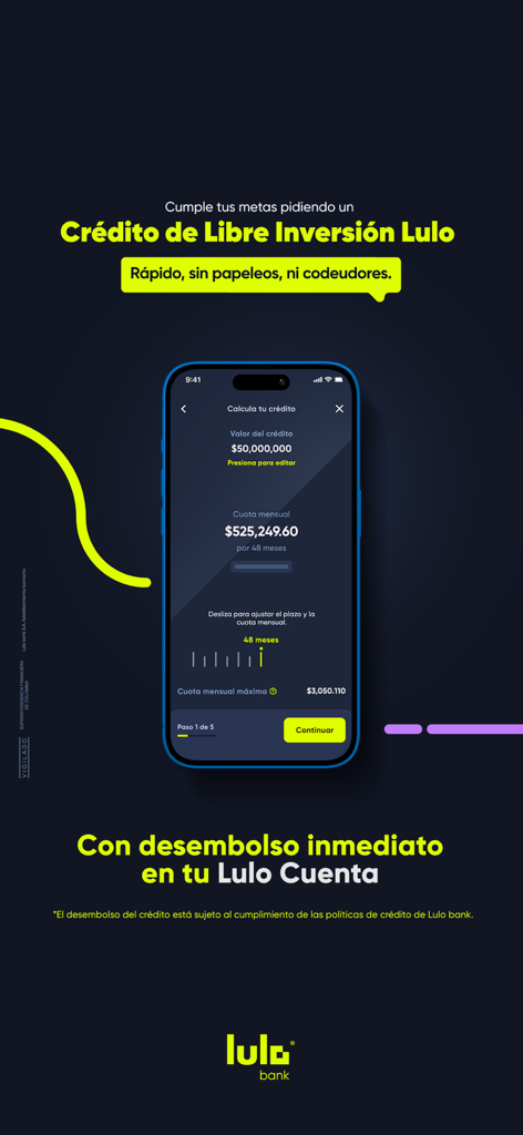 Lulo Bank mobile app interface showing a credit application for 50 million pesos with a monthly payment calculator and immediate disbursement details