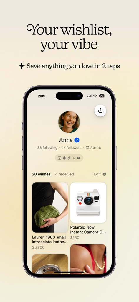 Mobile app screen showing a user profile with a curated aesthetic wishlist and social media followers.