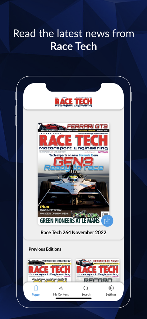 Race Tech - Pantalla de inicio de la aplicación móvil Race Tech mostrando portadas de revistas digitales de ingeniería de automovilismo.