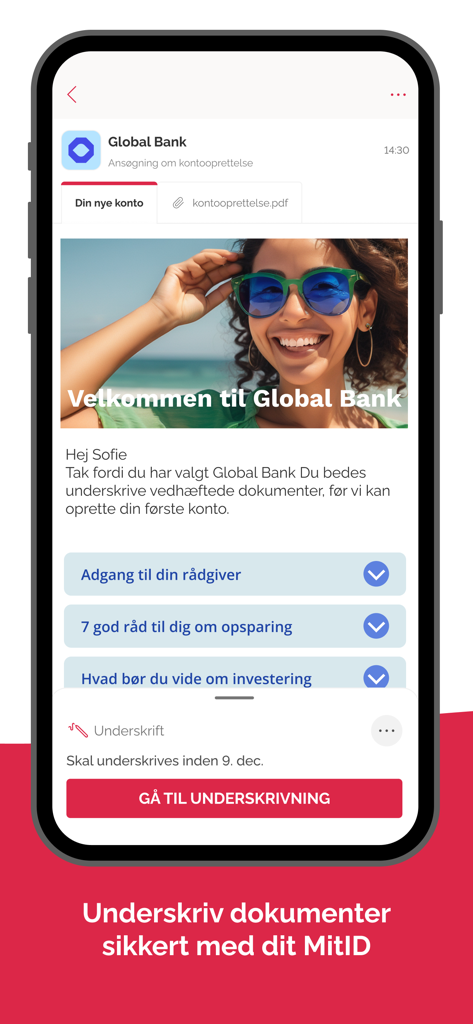 The mit.dk mobile app screen showing a secure digital signature request for a bank account application.
