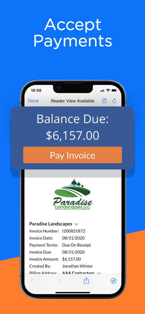 Invoice ASAP: Field Service - Mobile app interface of Invoice ASAP showing a balance due of $6,157 and a pay invoice button for a landscaping business
