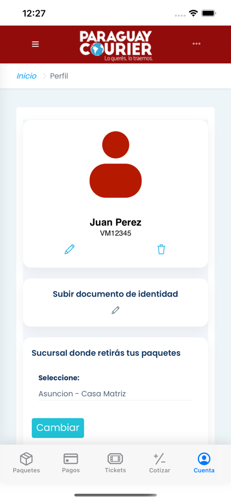 Paraguay Courier SRL - User account profile page in the Paraguay Courier app displaying personal information and branch selection