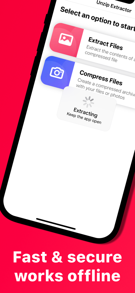 Unzip Extractor 앱 인터페이스에서 오프라인 처리 표시기가 있는 파일 추출 및 압축 옵션 표시