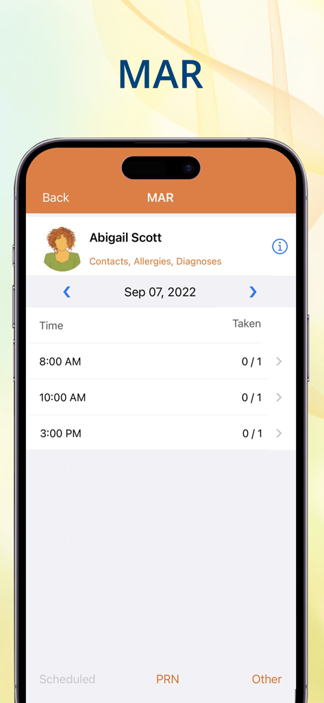 Therap app MAR module showing medication administration times for a patient