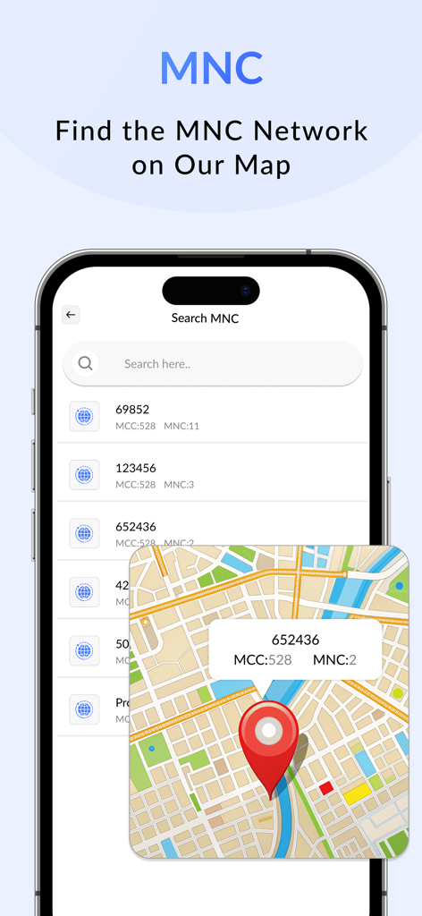 La aplicación Localizador de Antenas Celulares muestra códigos de red MNC y un marcador de ubicación en el mapa