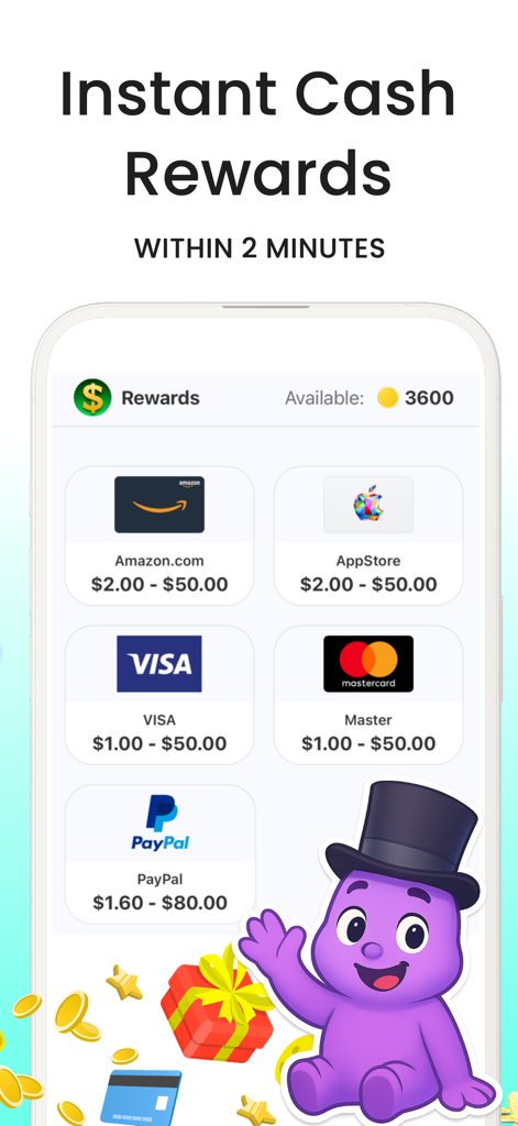 MONEY CASH - Fun & Earn - Mobile app screen showing instant reward options for Amazon, PayPal, and Visa gift cards.