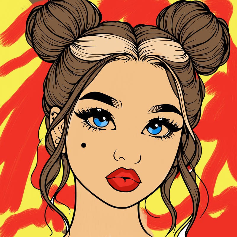 realistic girl with two buns on her hair and lips