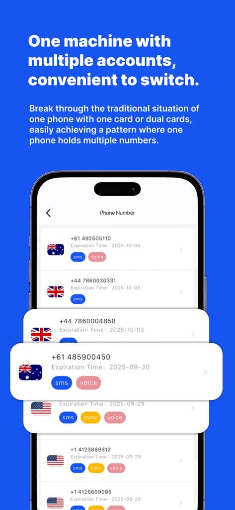 IntBell: Phone Calls + Texts - Interfaccia dell'app IntBell che mostra molteplici numeri di telefono virtuali dagli Stati Uniti, Regno Unito e Australia.