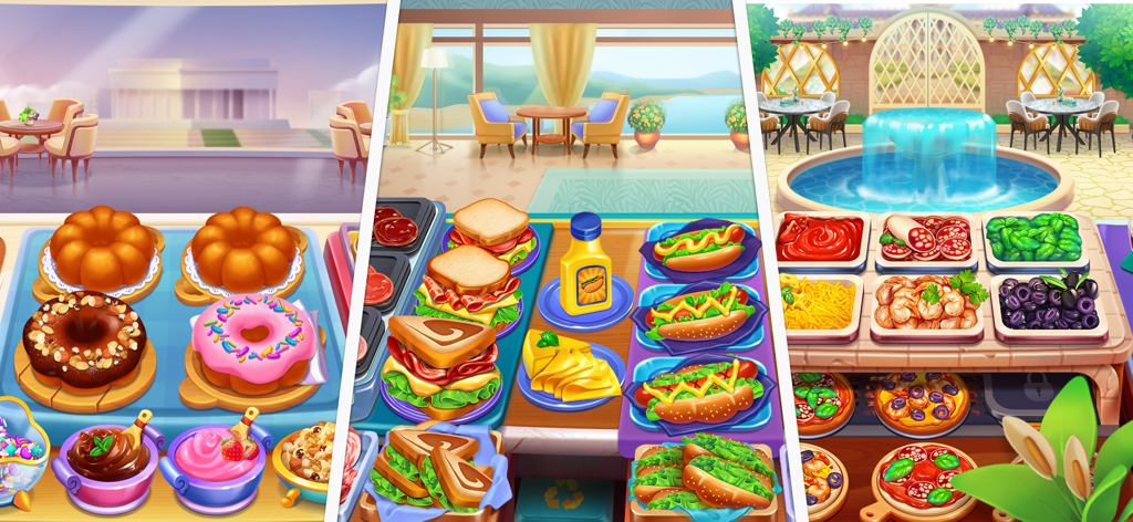 Chef Holiday에서 도넛, 샌드위치, 피자를 보여주는 다양한 레스토랑 주방 콜라주