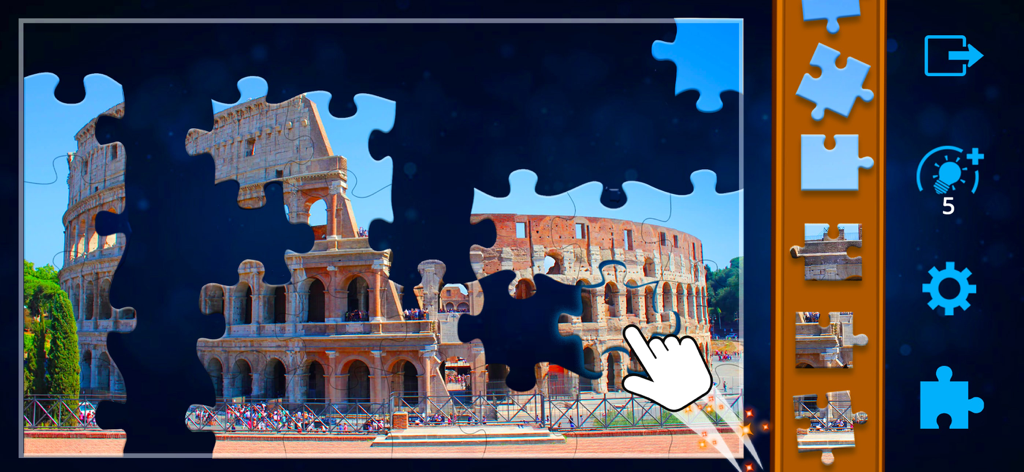 Jigsaw Puzzles Classic - A digital jigsaw puzzle of the Roman Colosseum being assembled on a tablet screen.