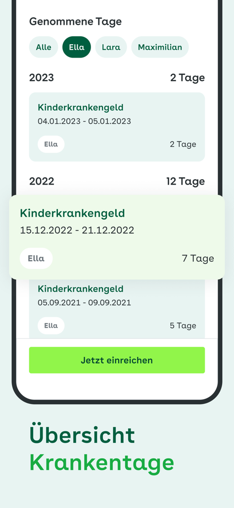 Meine AOK - Captura de pantalla de la aplicación Meine AOK que muestra un resumen de los días de enfermedad y los beneficios por enfermedad infantil para miembros de la familia a lo largo de varios años.