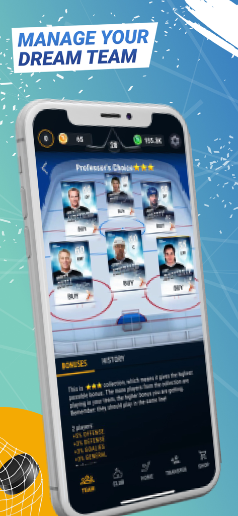 Big6: Hockey Manager NHL Stars - Mobile screen of Big6 Hockey Manager showing player cards on a virtual rink to manage a dream team