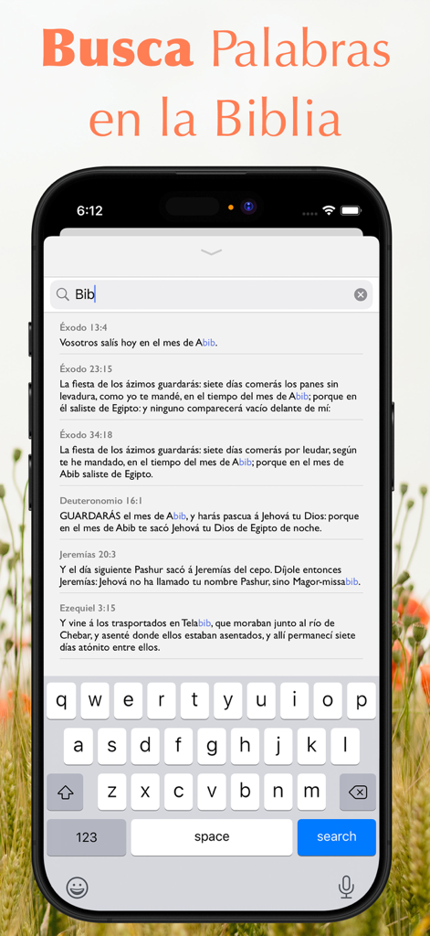 Search screen of Santa Biblia Reina Valera 1960 app displaying Bible verses.