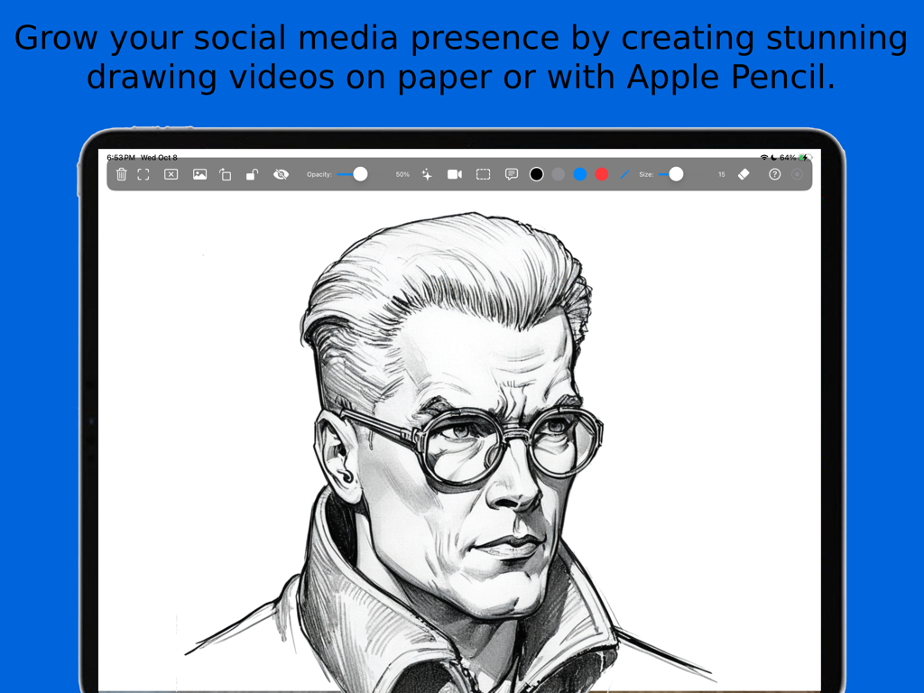 DrawLikePro - Un retrato digital detallado de un hombre con gafas en la pantalla de un iPad dentro de la interfaz de la aplicación DrawLikePro.