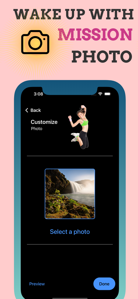Benutzeroberfläche der Alarmy App, die die Einrichtung der Foto-Aufgabe für eine Aufwach-Herausforderung zeigt