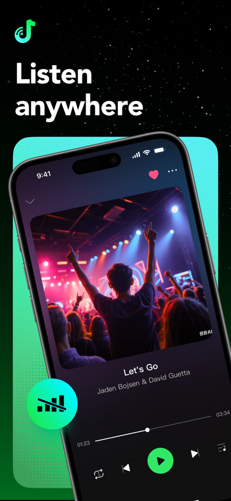 Offline Music Player & MP3 AAC - iPhone showing the offline music player app interface with a track playing and the text Listen Anywhere