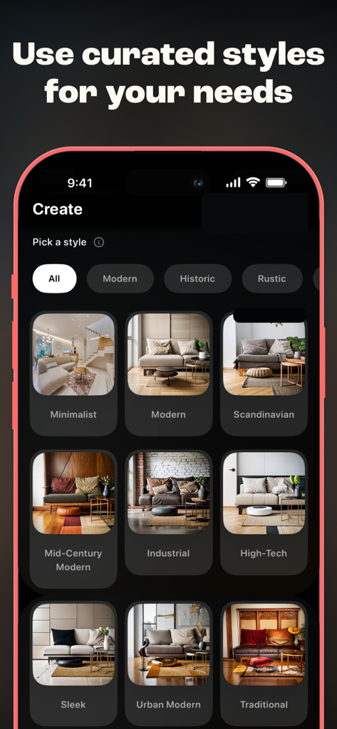 Al Interior Design - Deco - 미니멀리스트 및 스칸디나비아를 포함한 다양한 큐레이션된 인테리어 디자인 스타일을 보여주는 Deco의 모바일 앱 인터페이스.