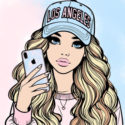 realistic beautiful girl wearing los ángeles cap holding an iphone