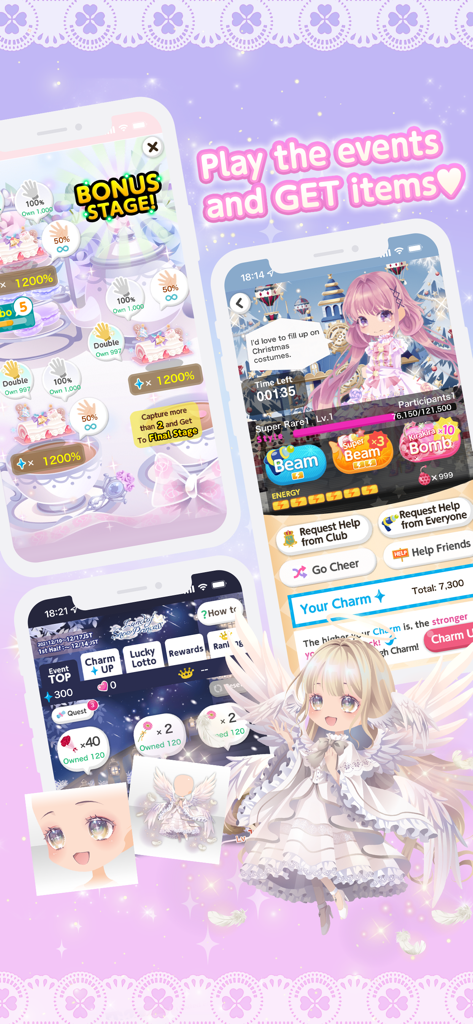 Screenshots of CocoPPa Play showing gameplay events and kawaii avatar items