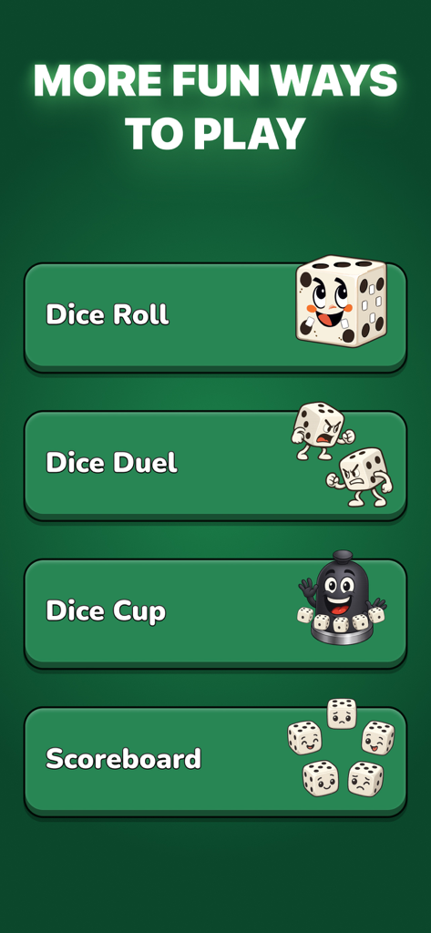 Dice Dice! - Dice Dice app interface showing multiple game modes including Dice Roll, Dice Duel, Dice Cup, and Scoreboard