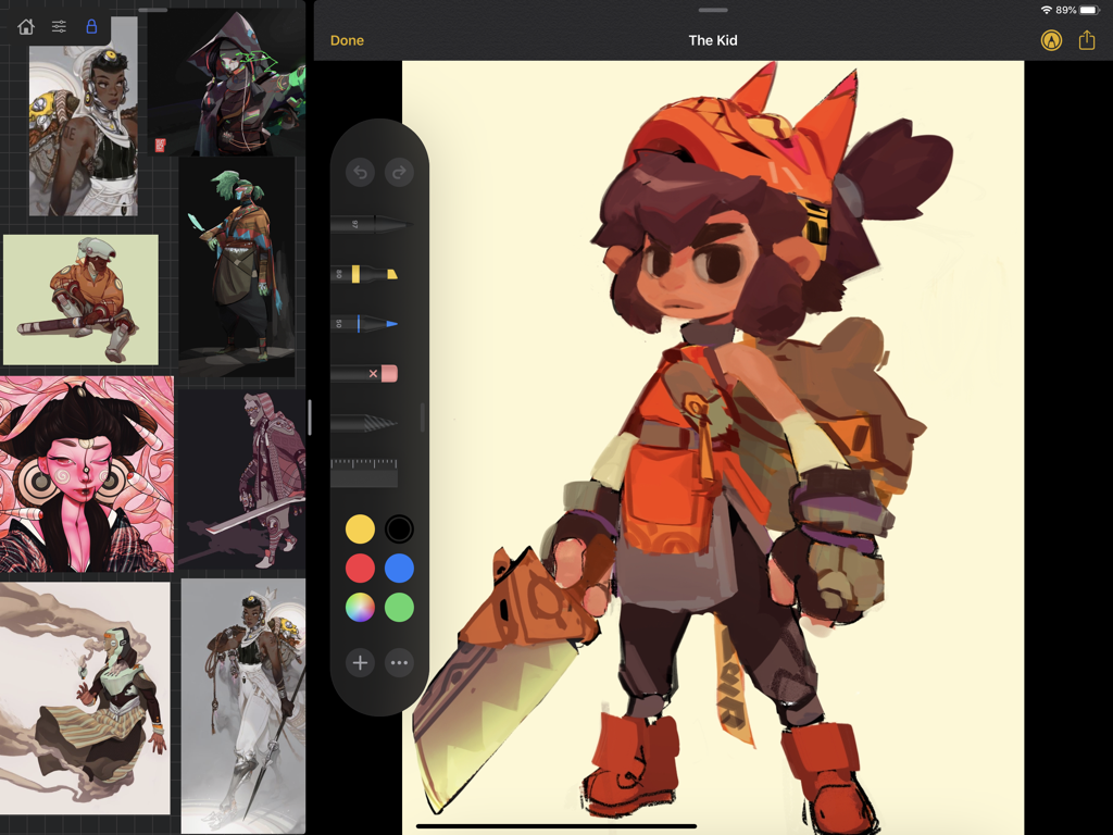 VizRef - VizRef in split view on iPad alongside a digital illustration app showing character references.