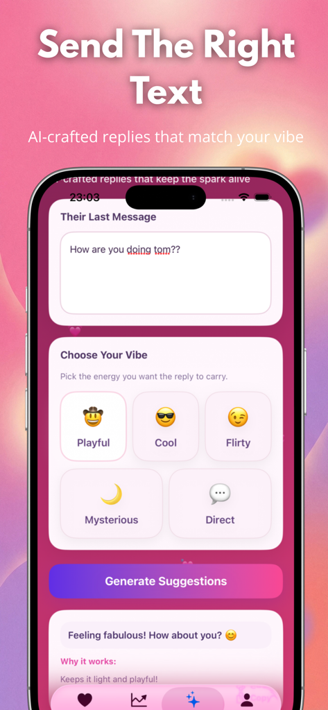 CrushScore: AI Love Calculator - CrushScore app screen showing AI message suggestions with options to choose the vibe of the reply like flirty or cool