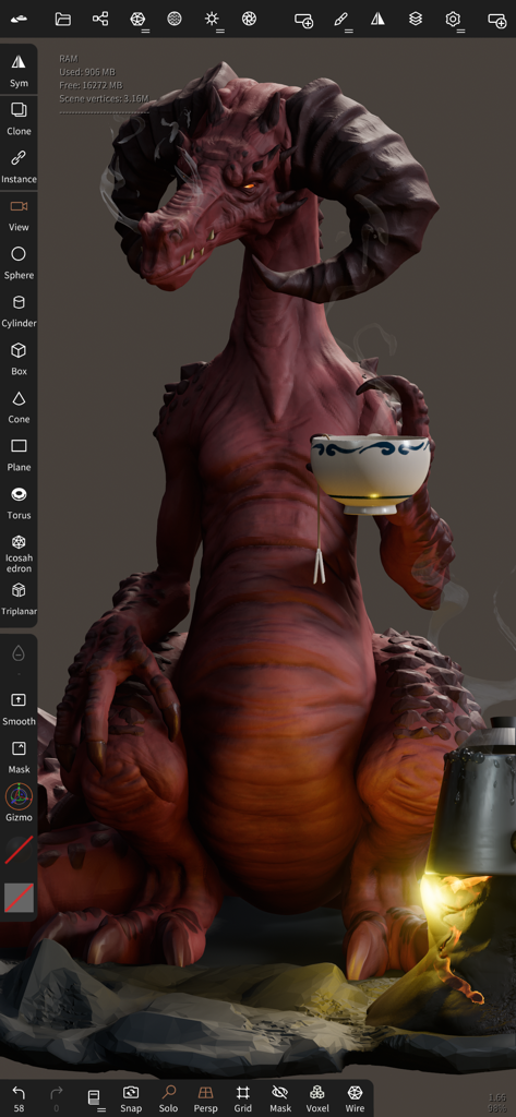 Red dragon character sculpt in Nomad Sculpt 3D app