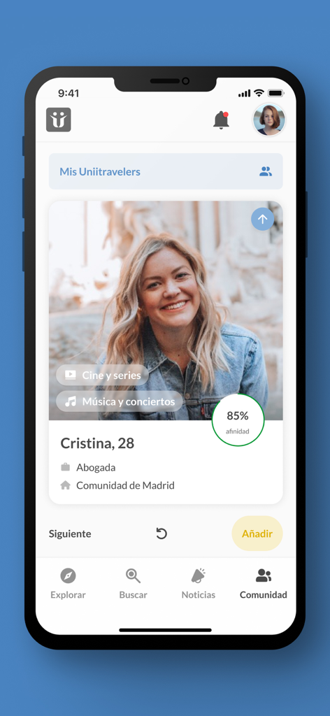 A user profile on the Uniite Travel app showing interests and an affinity match percentage.