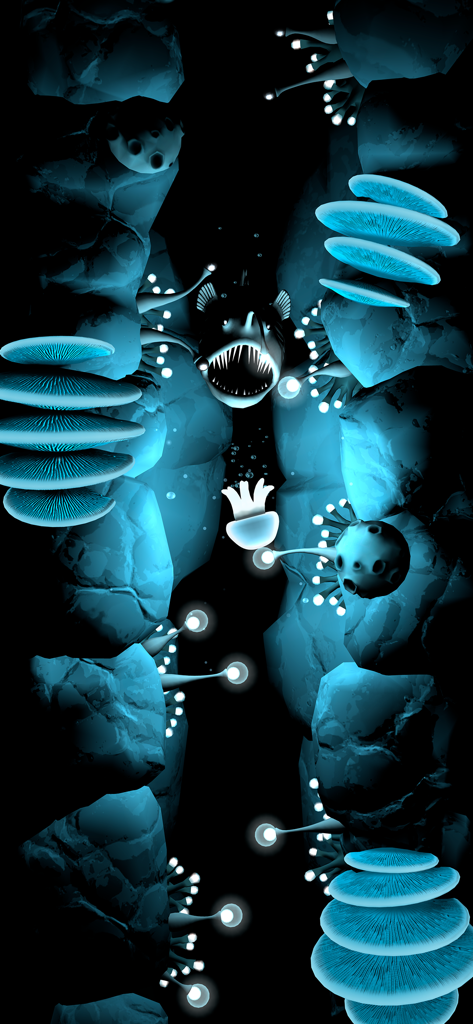 Seashine - Una medusa brillante evita a un gran depredador en un abismo submarino bioluminiscente.