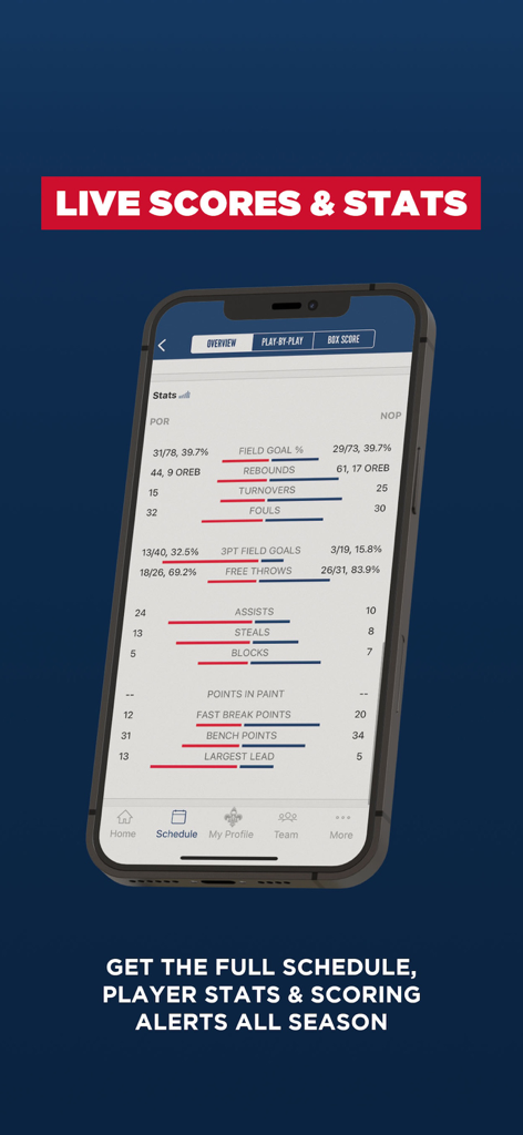 ライブ試合スコアとチーム統計を表示するニューオーリンズ・ペリカンズのモバイルアプリのインターフェイス