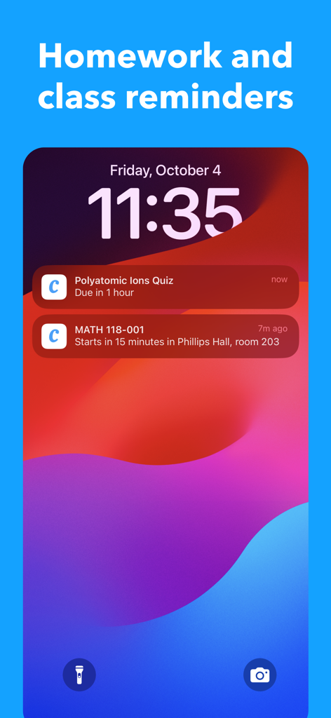Coursicle - Smartphone lock screen showing Coursicle app notifications for a quiz due soon and an upcoming math class location.