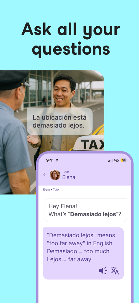 Univerbal AI Language Learning - Univerbal app interface showing an AI tutor explaining a Spanish phrase during a real-world conversation scenario.