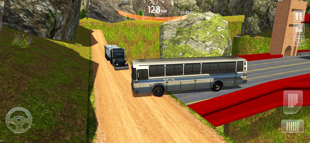 offroad Coach Bus Simulator 3d - A coach bus driving on a dirt road next to a red bridge in a mountain environment.