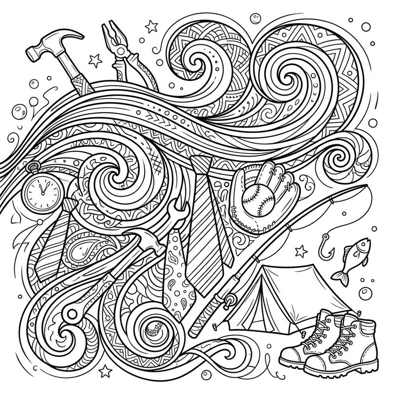 Discover a unique Father's Day coloring experience where the powerful Sirocco wind meets symbols of dad's favorite activities. This intricate design features tools, outdoor gear, and swirling patterns perfect for a thoughtful, creative gift.